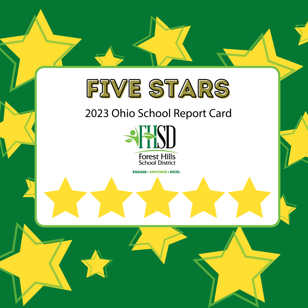 Green graphic with yellow stars that reads Five Stars 2023 Ohio School Report Card